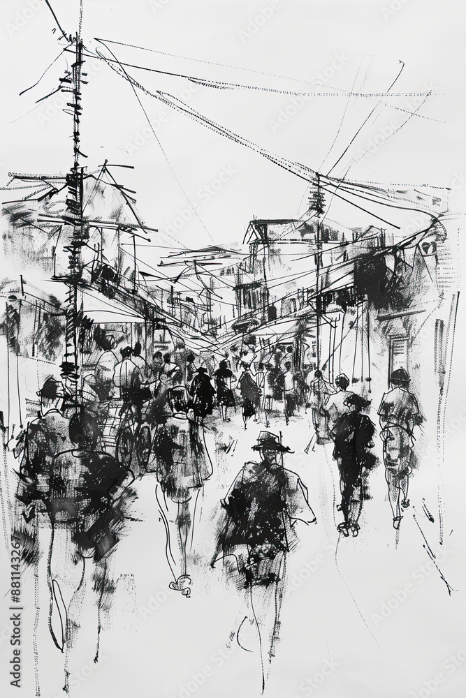 A black and white sketch of a bustling marketplace A black and white sketch of a bustling marketplace