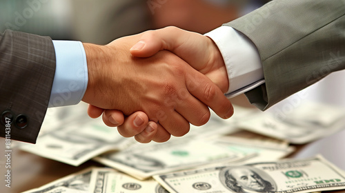 Close plan of a business handshake against the background of money on the table, symbolizing the finalization of a financial agreement.