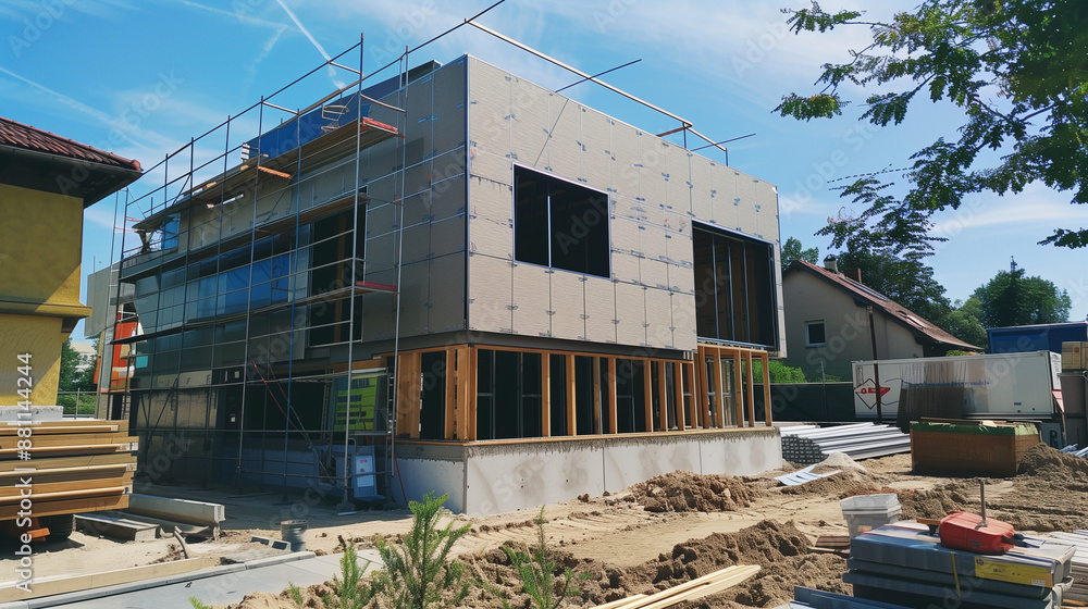 Fototapeta premium Polystyrene thermal insulation panels used on construction sites, designed to save energy. Thanks to them, buildings become more energy-efficient.