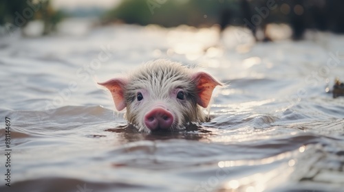 Symbolic pink piggy bank sinking, illustrating financial crisis, budget problems, and debt issues photo