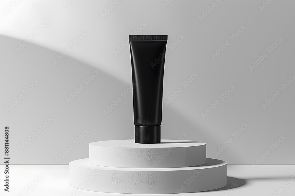 Black cosmetic tube on podium with soft light and shadows Black cosmetic tube on podium with soft light and shadows