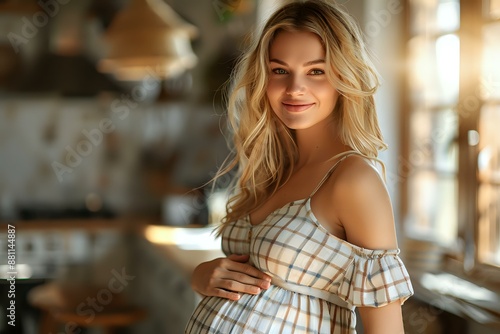 Wallpaper Mural A smiling pregnant woman in a light dress stands in a sunlit kitchen, gently holding her belly. Ideal for themes of pregnancy, motherhood, and home life, highlighting warmth and anticipation. Torontodigital.ca
