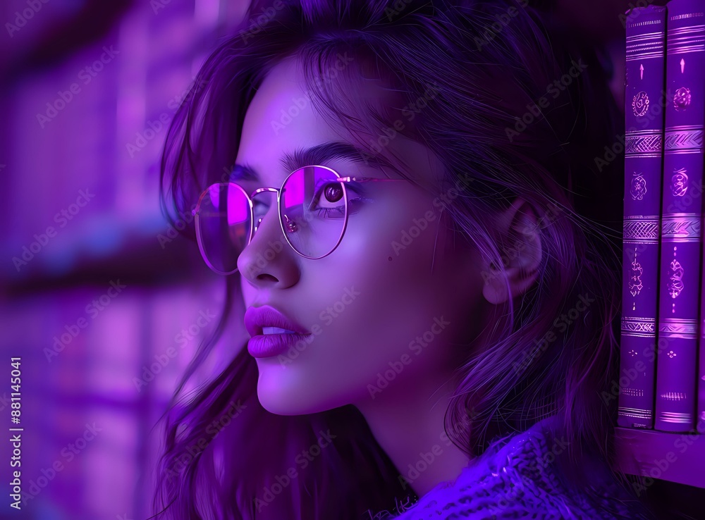 A thoughtful young woman wearing glasses, illuminated by purple neon lights in a library, blending intellect and modern aesthetics. Ideal for lifestyle, fashion, and educational themes. A thoughtful young woman wearing glasses, illuminated by purple neon lights in a library, blending intellect and modern aesthetics. Ideal for lifestyle, fashion, and educational themes.