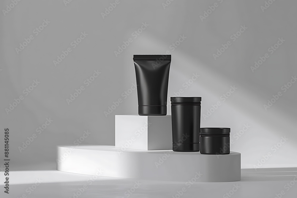 Minimalist black cosmetic product podium display Minimalist black cosmetic product podium display