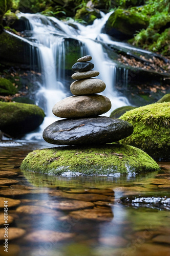 Balanced stones against waterfall in the forest