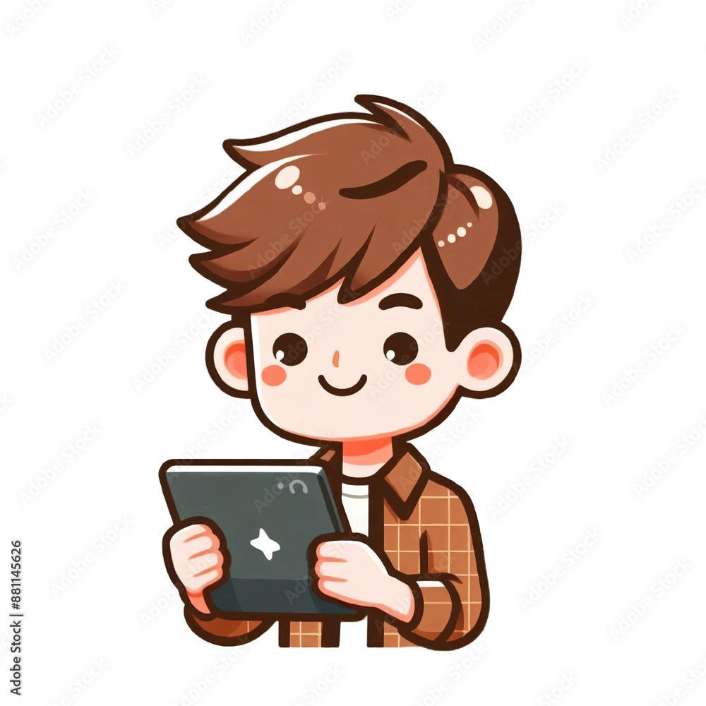 Cute smiling cartoon boy is holding a tablet. Cute smiling cartoon boy is holding a tablet.
