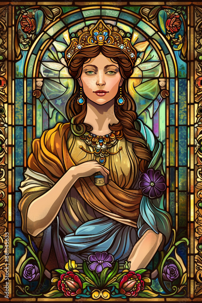Obraz premium Majestic Stained Glass Queen with Elaborate Crown and Robes