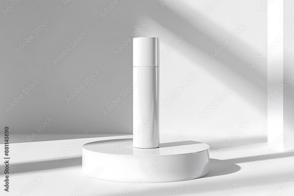 Minimalist product display with a single white cosmetic bottle on a podium Minimalist product display with a single white cosmetic bottle on a podium