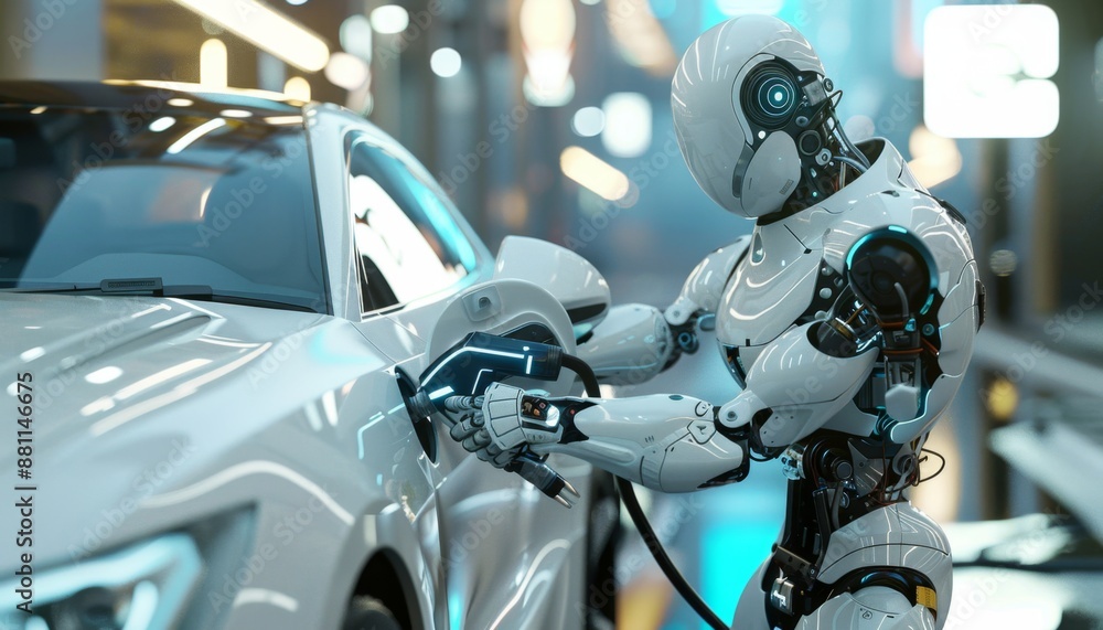 Futuristic Robot Fueling an Electric Vehicle at a Charging Station Futuristic Robot Fueling an Electric Vehicle at a Charging Station