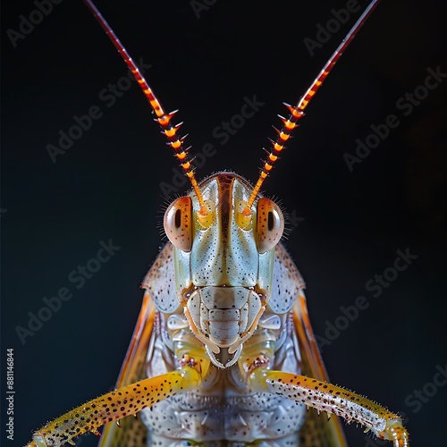 Closeup portrait of a grasshoppers face with intricate details photo