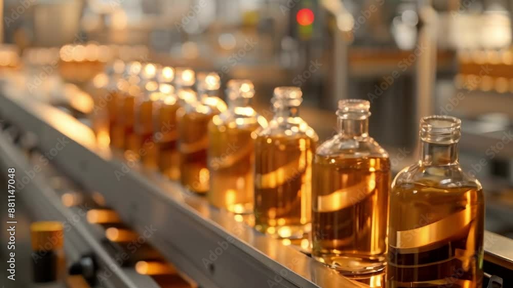 Bottles filled with liquid on factory conveyor belt ready for labeling. Concept Manufacturing Process, Factory Automation, Product Labeling, Liquid Bottling, Conveyor Belt System Bottles filled with liquid on factory conveyor belt ready for labeling. Concept Manufacturing Process, Factory Automation, Product Labeling, Liquid Bottling, Conveyor Belt System