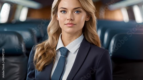 Wallpaper Mural A young stewardess in uniform inside an airplane cabin: A portrait. Concept Travel Photography, Airline Industry, Cabin Crew, Portrait Photography, Aviation Fashion Torontodigital.ca