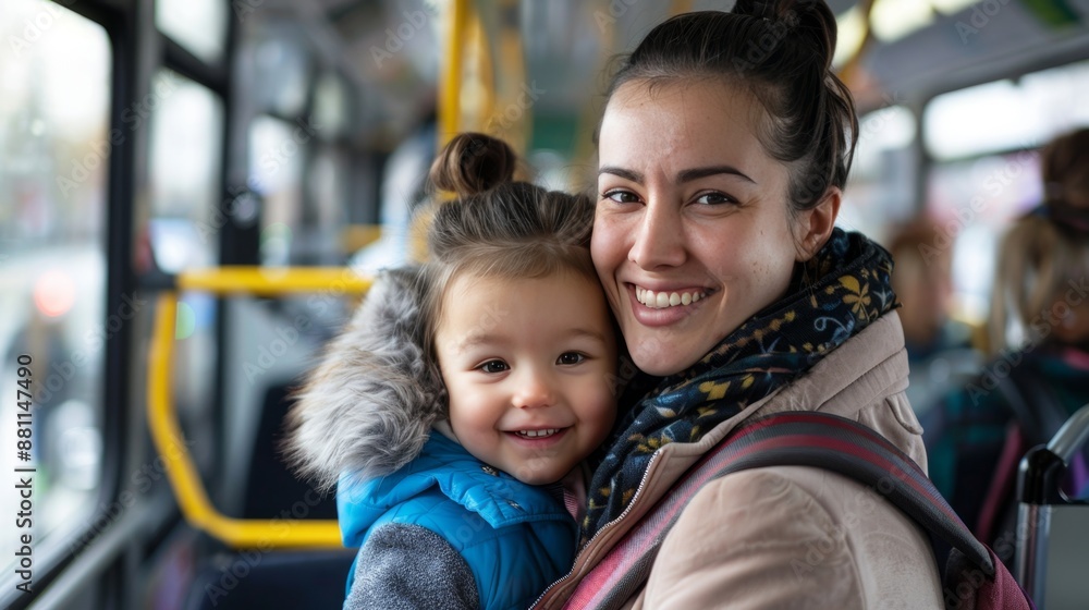 Smiling Mother and Child Enjoying Bus Ride Together Smiling Mother and Child Enjoying Bus Ride Together