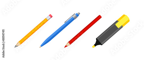 Pencil, pen and yellow highlighter pen. Set of stationery. Vector cartoon illustration.