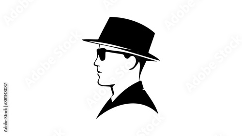 silhouette of a person in sunglasses, hat and suite, bold incognito sign, black and white illustration of a man with sunglasses hat and suite from profile
