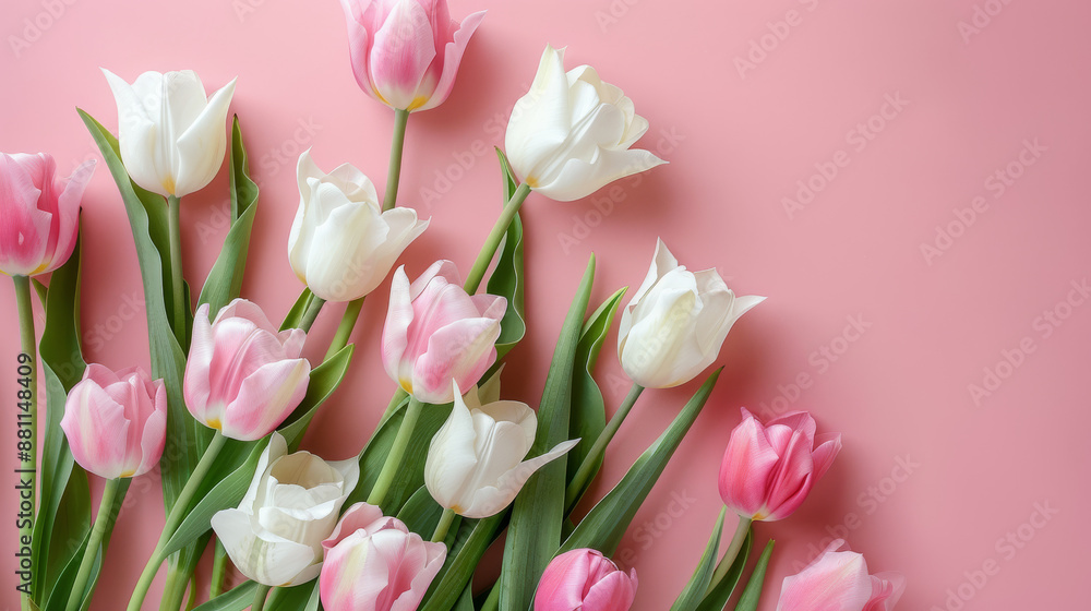 Beautiful bouquet of tulips in soft pink and white colors, arranged on a pale pink background. Perfect for celebrating International Women's Day or Mother's Day. Top view with room for text. Beautiful bouquet of tulips in soft pink and white colors, arranged on a pale pink background. Perfect for celebrating International Women's Day or Mother's Day. Top view with room for text.