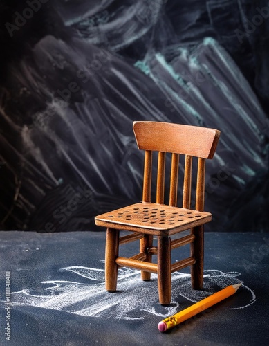 Miniature Wooden Chair on Chalkboard Drawing photo