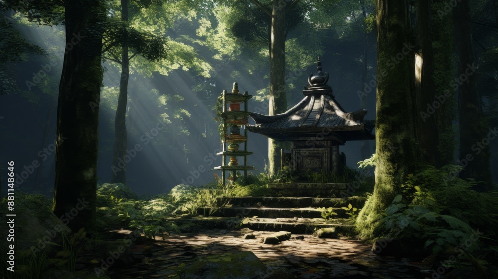 Serene Forest Temple with Sunbeams and Lush Foliage Serene Forest Temple with Sunbeams and Lush Foliage