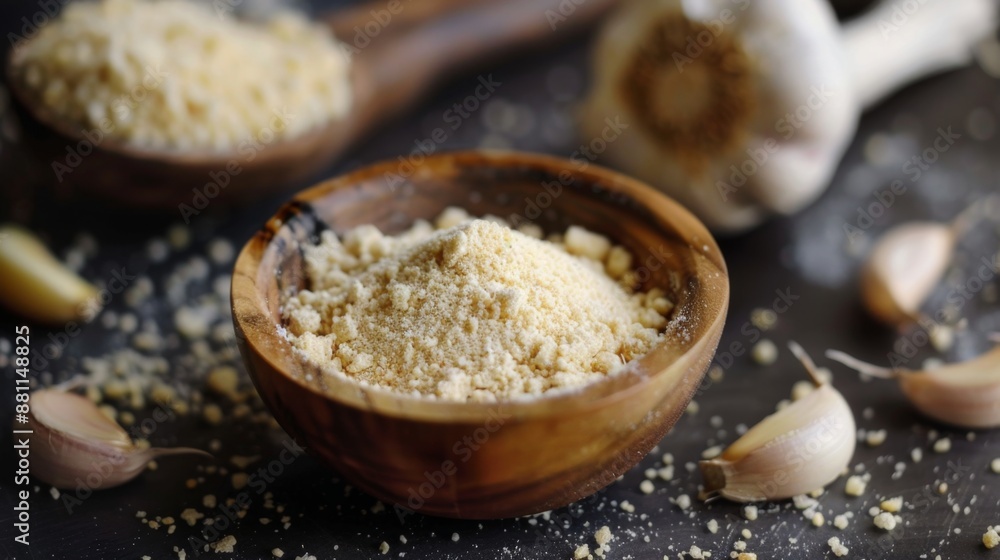 Chopped garlic in a wooden bowl on a wooden cutting board with garlic cloves in the background. Chopped garlic in a wooden bowl on a wooden cutting board with garlic cloves in the background.