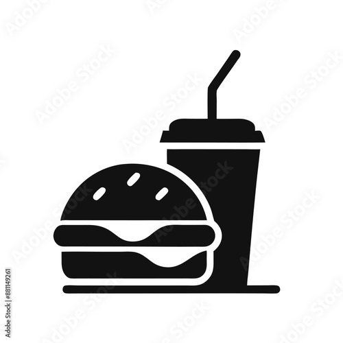 burger and soda or cola drink silhouette, isolated symbol on a white background 