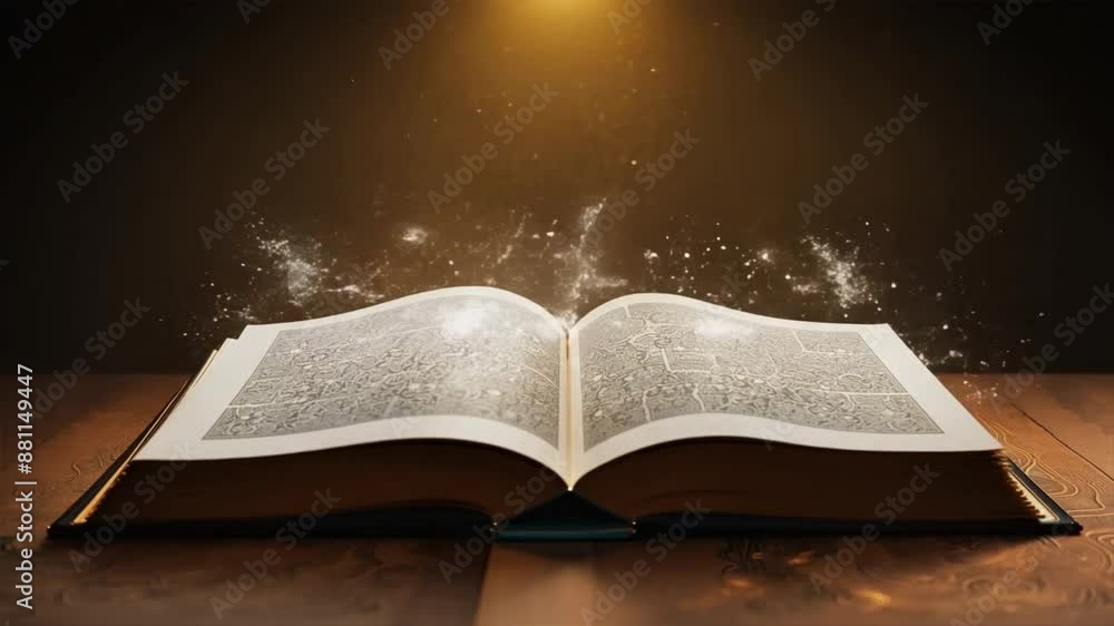 Old book opened and light particles on dark Old book opened and light particles on dark
