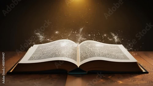 Old book opened and light particles on dark