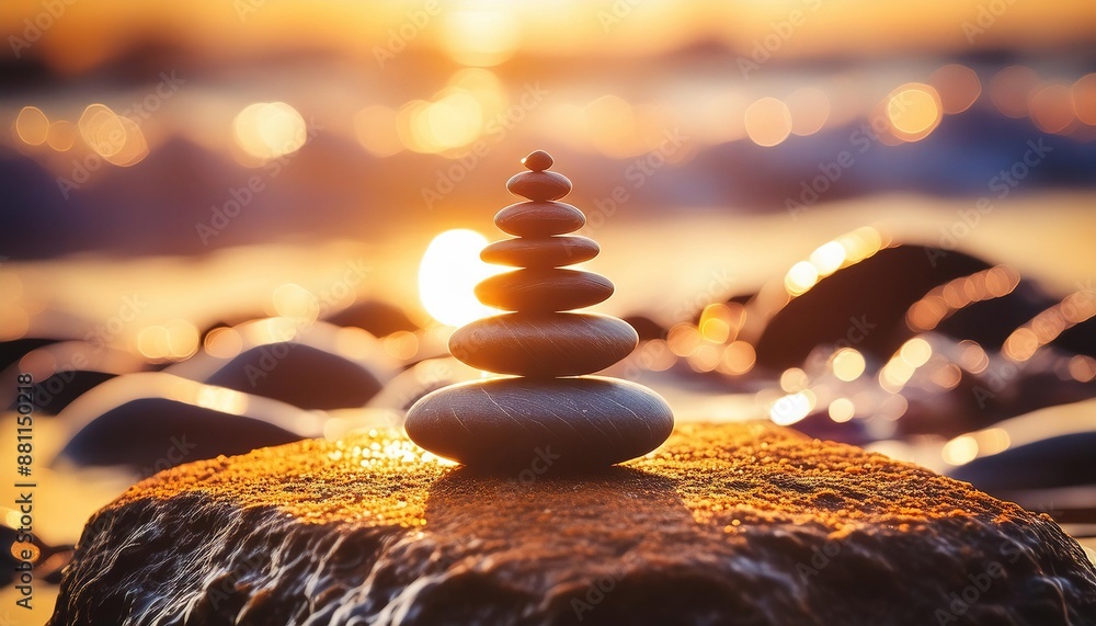 Obraz premium Zen Stone Stack at Sunset Beach