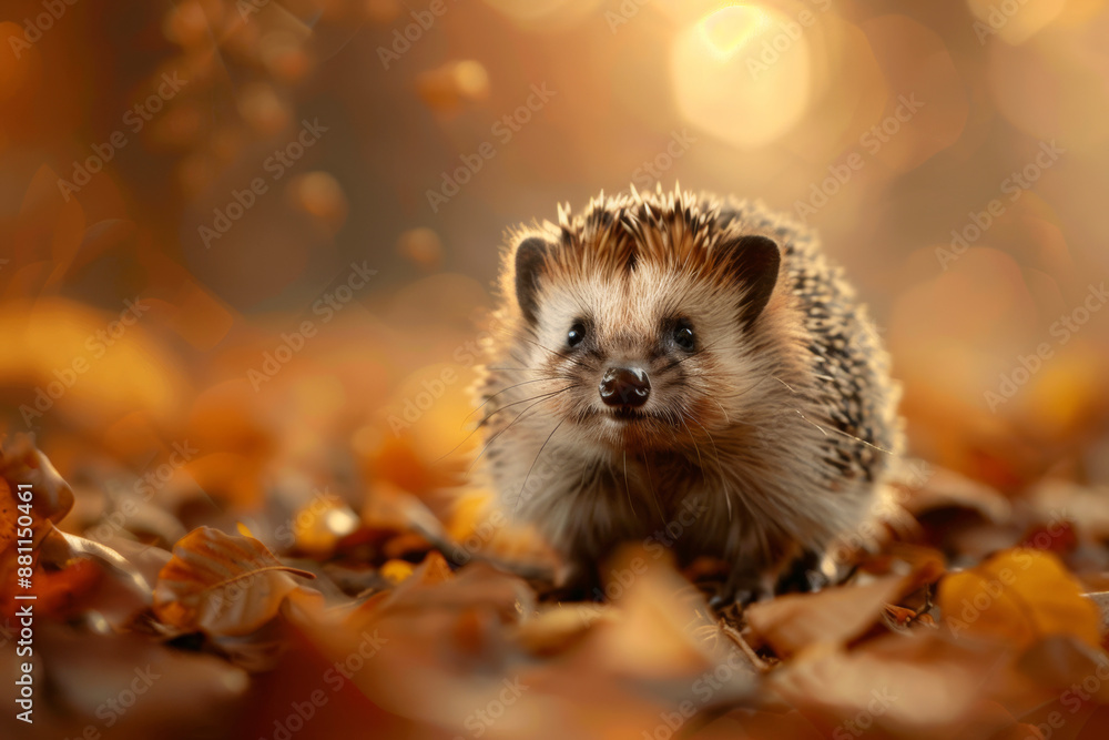 poster with an inquisitive hedgehog among autumn foliage in the forest poster with an inquisitive hedgehog among autumn foliage in the forest