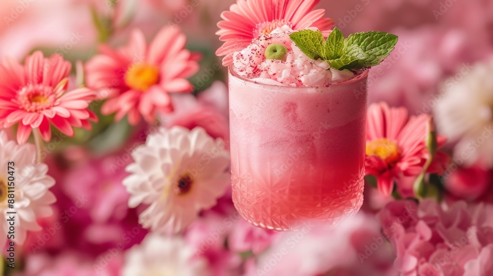 Refreshing Floral Cocktail with Mint Garnish on Pink Background Refreshing Floral Cocktail with Mint Garnish on Pink Background