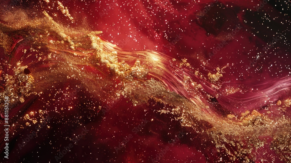 Golden Glitter Swirl in Cosmic Red Nebula Abstract Background Golden Glitter Swirl in Cosmic Red Nebula Abstract Background