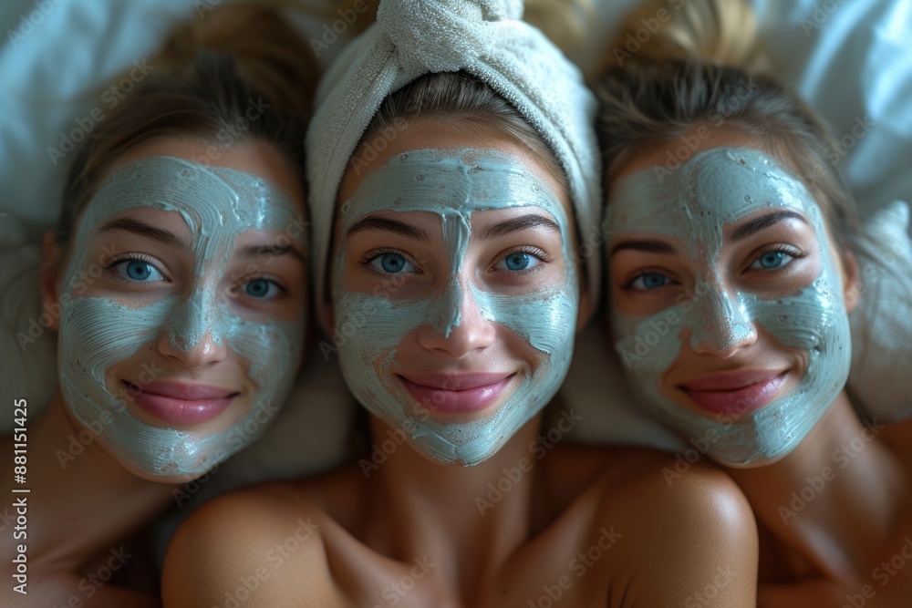 Three Young Women Enjoying a Spa Day in Facial Masks Three Young Women Enjoying a Spa Day in Facial Masks