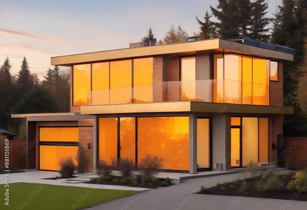 A modern white yellow and large glass windows two-story house with a flat roof, solar panels on the roof, and a large window facade A modern white yellow and large glass windows two-story house with a flat roof, solar panels on the roof, and a large window facade