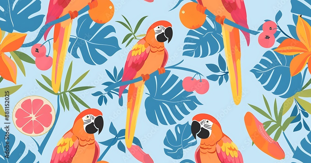 Colorful Macaws Amidst Tropical Foliage and Fruits Colorful Macaws Amidst Tropical Foliage and Fruits