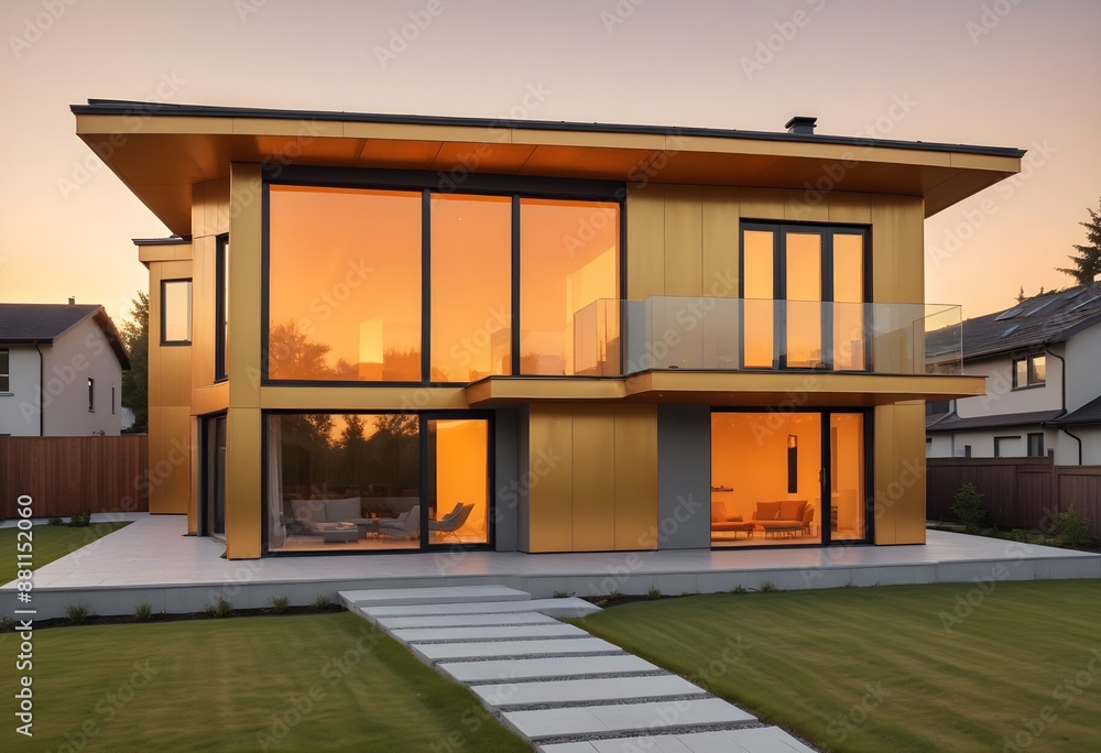 A modern white yellow and large glass windows two-story house with a flat roof, solar panels on the roof, and a large window facade A modern white yellow and large glass windows two-story house with a flat roof, solar panels on the roof, and a large window facade