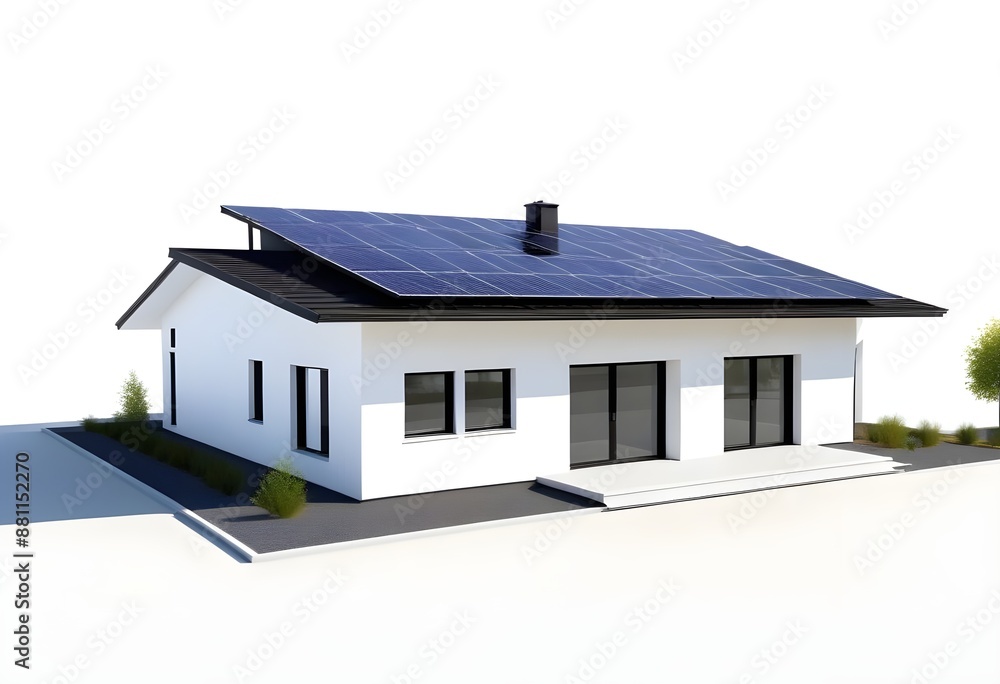 A modern two-story house with a flat roof, solar panels on the roof, and a large window facade, echo-friendly, zero emission, moder, sustainability A modern two-story house with a flat roof, solar panels on the roof, and a large window facade, echo-friendly, zero emission, moder, sustainability