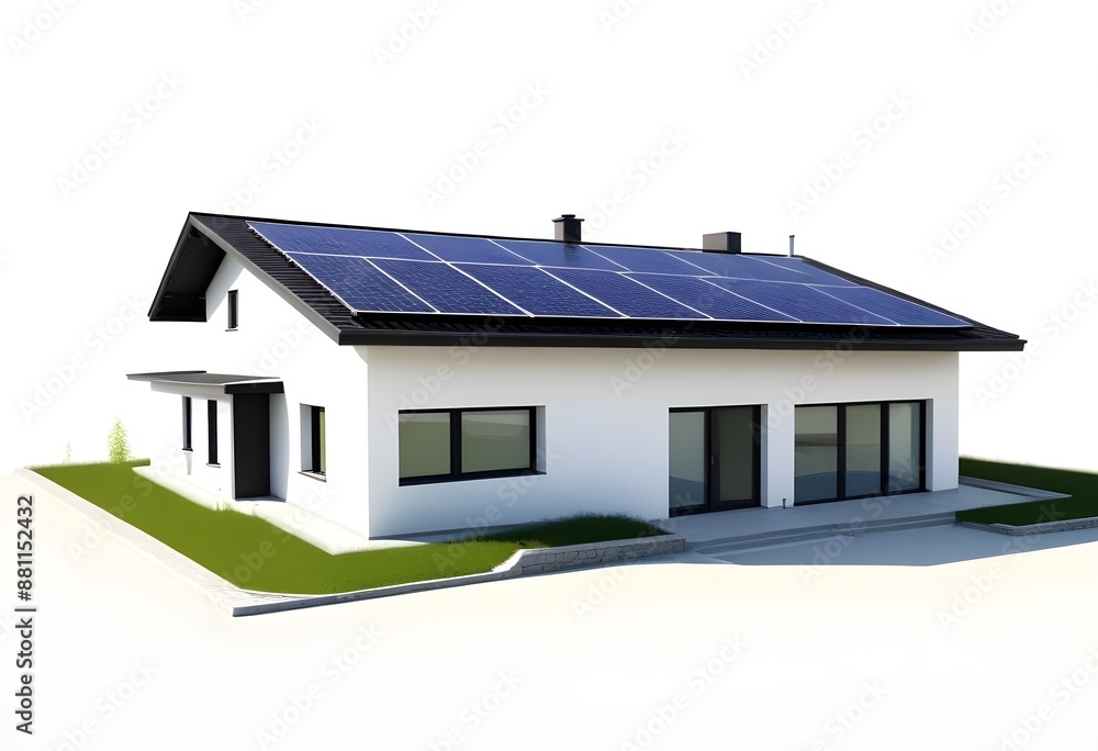 A modern two-story house with a flat roof, solar panels on the roof, and a large window facade, echo-friendly, zero emission, moder, sustainability A modern two-story house with a flat roof, solar panels on the roof, and a large window facade, echo-friendly, zero emission, moder, sustainability