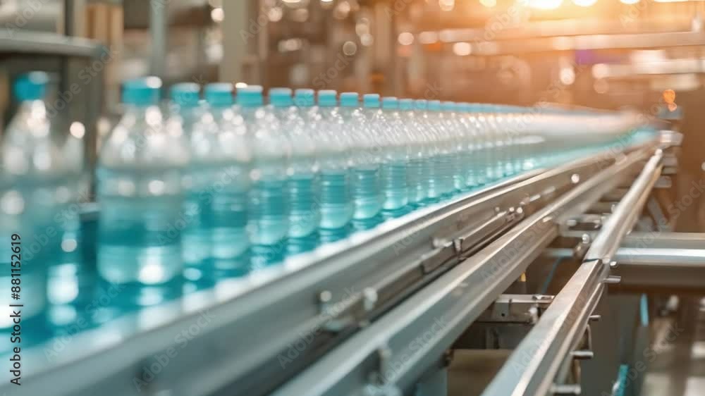 Interior of a bottling plant featuring a blue conveyor belt for juice production line. Concept Bottling plant, Juice production, Conveyor belt, Interior design, Blue theme Interior of a bottling plant featuring a blue conveyor belt for juice production line. Concept Bottling plant, Juice production, Conveyor belt, Interior design, Blue theme