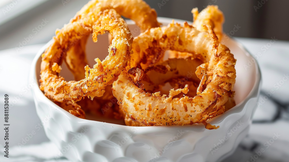 Crispy onion rings, perfect for snacking or as a side dish. Crispy onion rings, perfect for snacking or as a side dish.