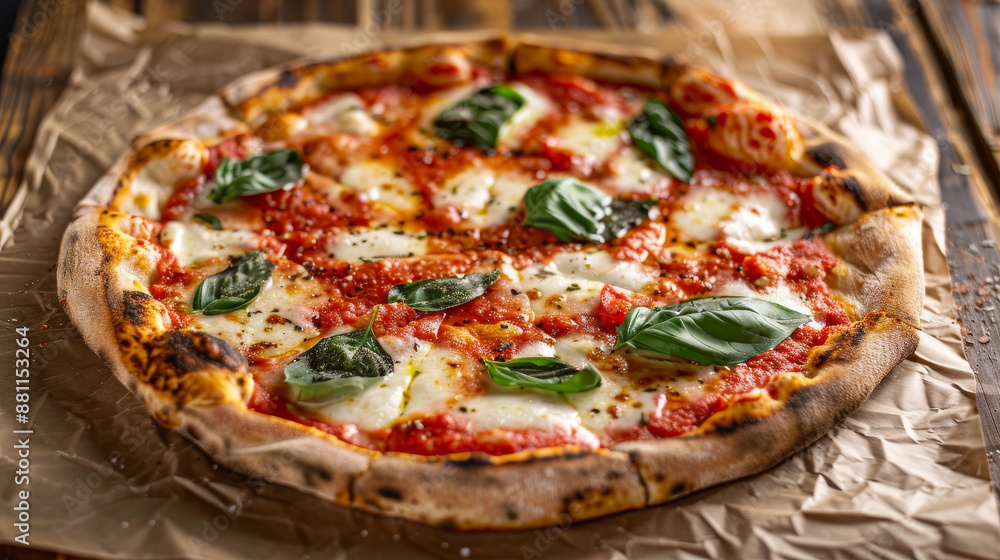 Delicious homemade Margherita pizza served on a wooden table. Delicious homemade Margherita pizza served on a wooden table.