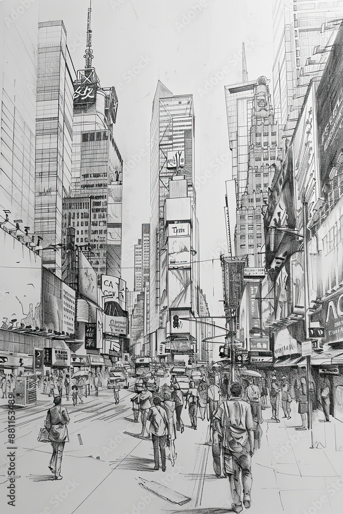 Obraz premium A black and white sketch of a bustling city