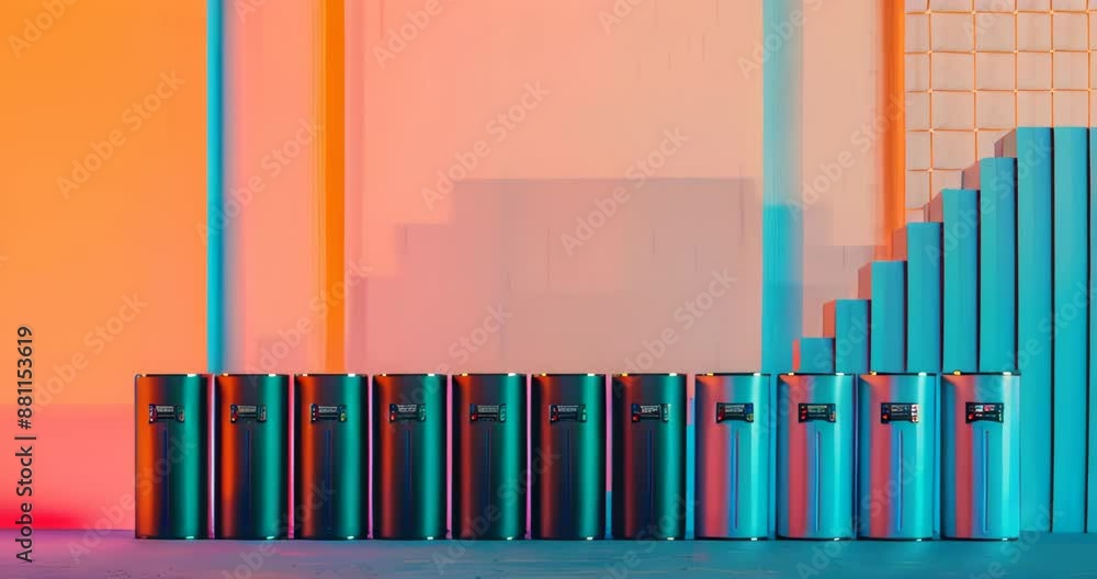 Varying charge levels shown on multiple battery packs in a neat row, with copyspace. Battery packs Varying charge levels shown on multiple battery packs in a neat row, with copyspace. Battery packs