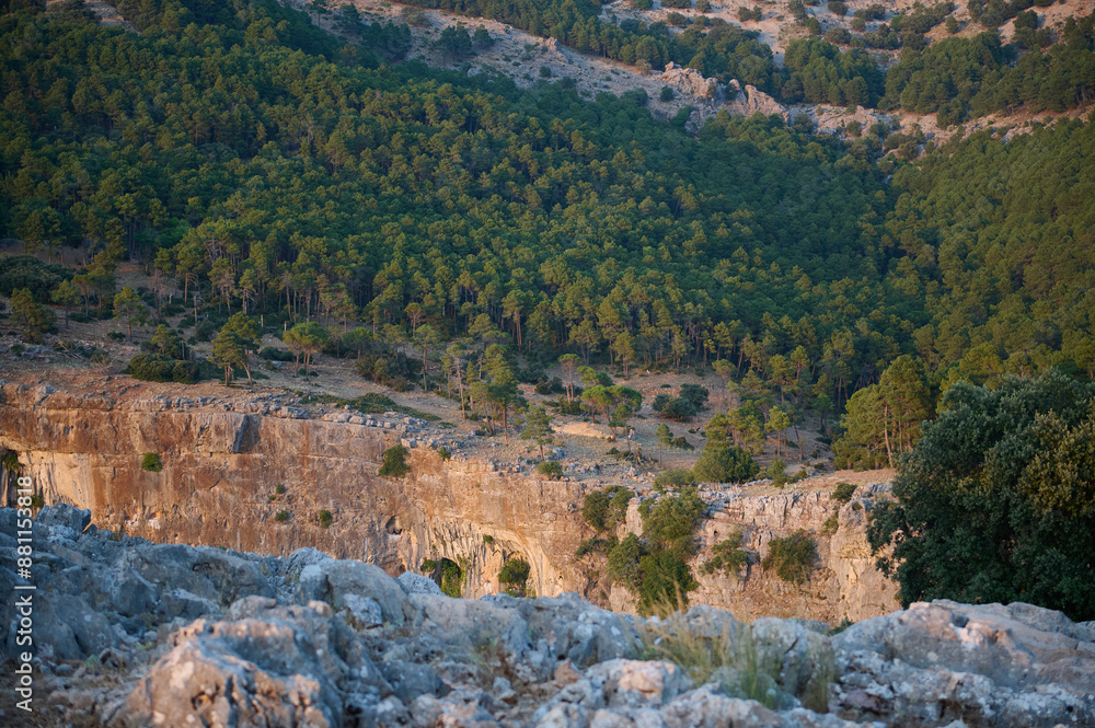 Scenic view of forested mountain landscape with cliff edge and dense trees at sunrise Scenic view of forested mountain landscape with cliff edge and dense trees at sunrise