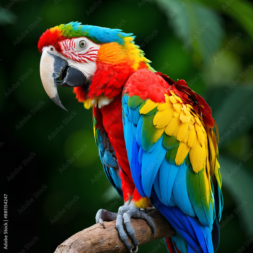 Obraz premium A full-body macaw parrot with vibrant blue, yellow, red, and green colors, perched on a branch in a natural setting.