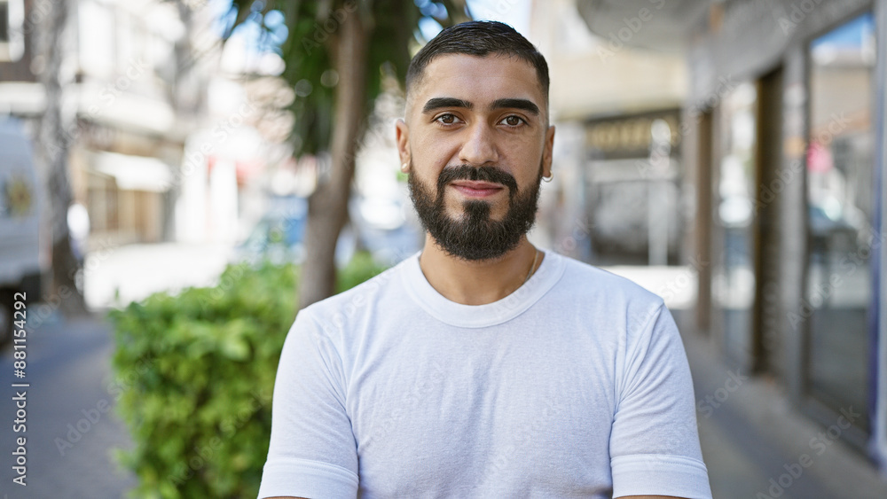 Handsome bearded man smiling casually on a sunny city sidewalk, embodying a relaxed urban lifestyle vibe. Handsome bearded man smiling casually on a sunny city sidewalk, embodying a relaxed urban lifestyle vibe.