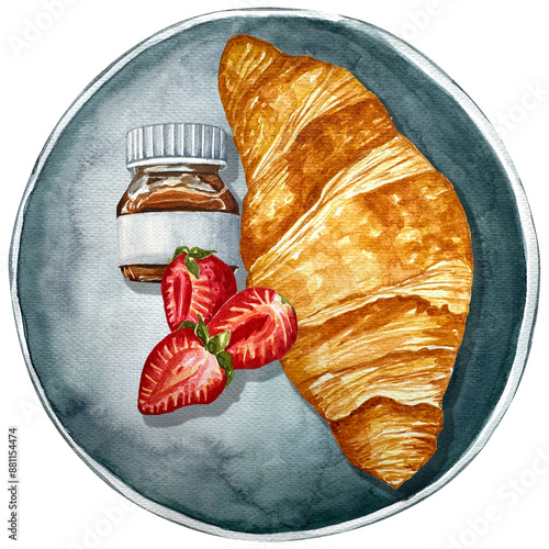 Food Breakfast set. Plate with croissant, strawberry, nuts butter. Top view mornimg meal illustration. Watercolor illustration.  photo