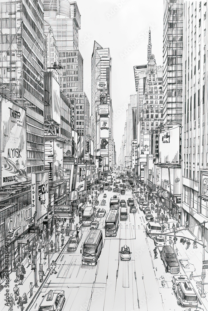 A black and white sketch of a bustling city A black and white sketch of a bustling city