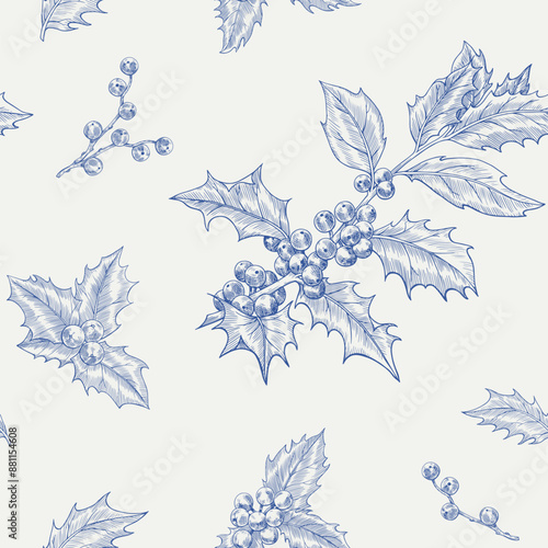 Toile art holly seamless pattern. Vintage Holiday winter background . Hand drawn illustration for design packaging textile wallpaper fabric greeting 