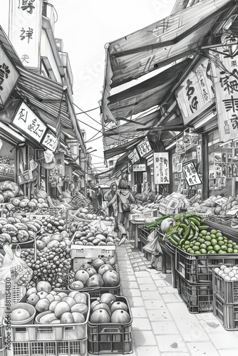 A black and white sketch of a bustling marketplace