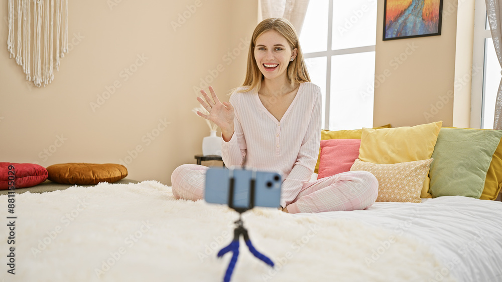 A cheerful blonde woman in pajamas video chatting from a cozy bedroom with colorful pillows. A cheerful blonde woman in pajamas video chatting from a cozy bedroom with colorful pillows.