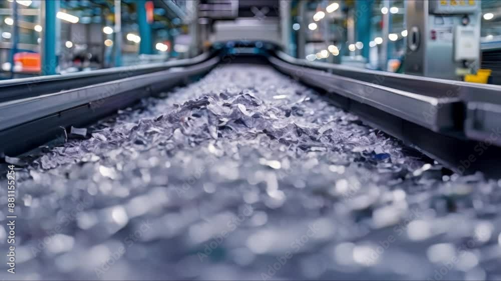 Conveyor Belt Demonstrating Document Destruction or Recycling with Shredded Paper. Concept Recycling, Document destruction, Shredded paper, Conveyor belt, Environmental sustainability Conveyor Belt Demonstrating Document Destruction or Recycling with Shredded Paper. Concept Recycling, Document destruction, Shredded paper, Conveyor belt, Environmental sustainability